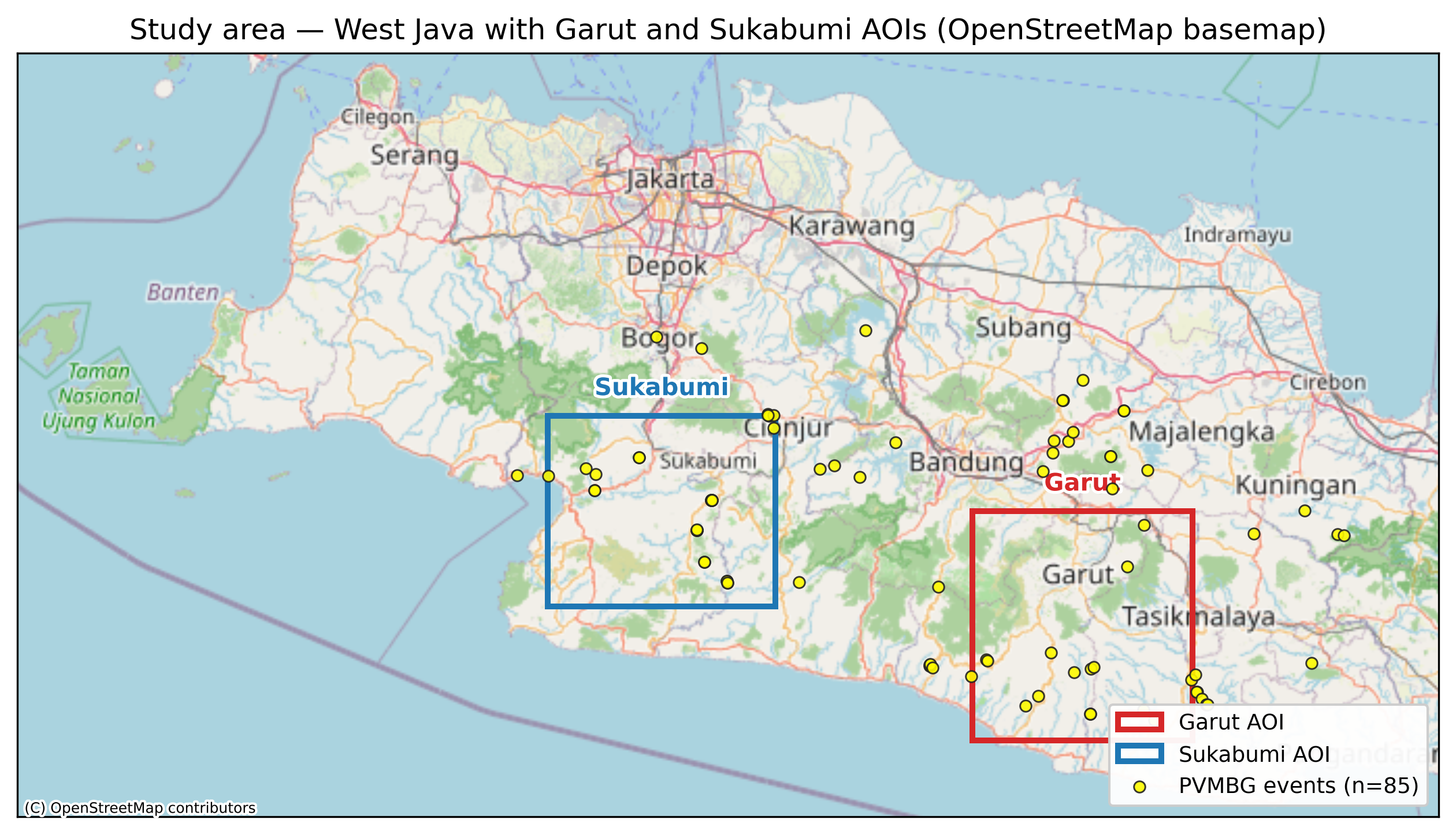 West Java study area with PVMBG events